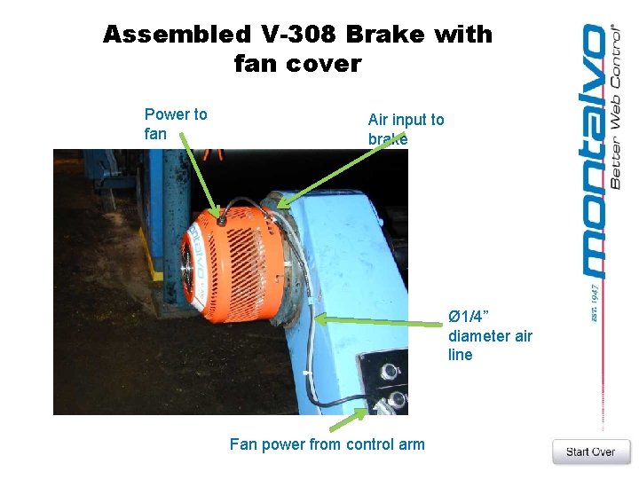 Assembled V-308 Brake with fan cover Power to fan Air input to brake Ø