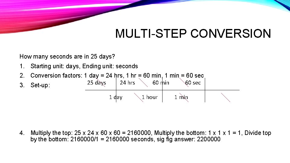 MULTI-STEP CONVERSION How many seconds are in 25 days? 1. Starting unit: days, Ending