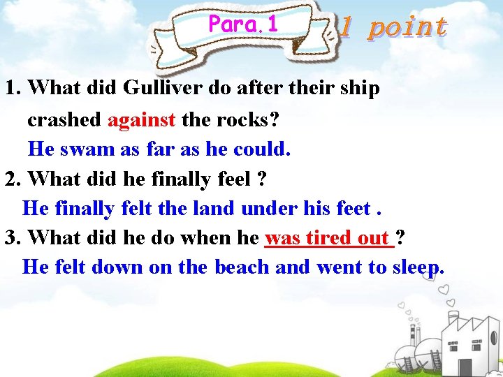 Para. 1 1. What did Gulliver do after their ship crashed against the rocks?