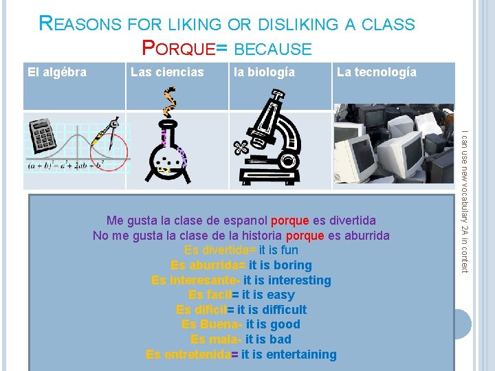 REASONS FOR LIKING OR DISLIKING A CLASS PORQUE= BECAUSE El algébra Las ciencias la