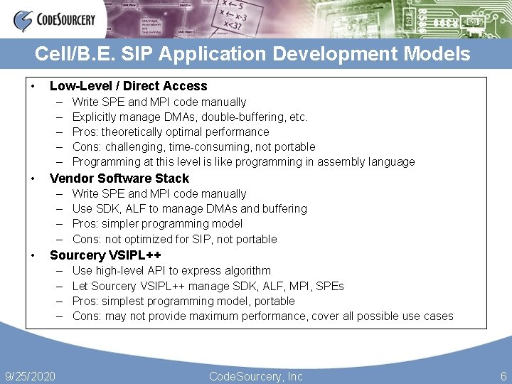 Cell/B. E. SIP Application Development Models • Low-Level / Direct Access – – –