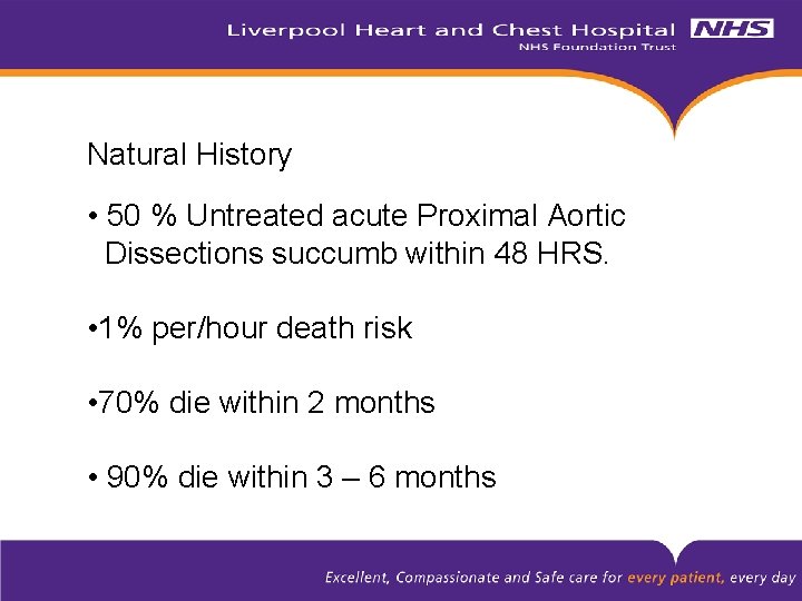 Natural History • 50 % Untreated acute Proximal Aortic Dissections succumb within 48 HRS.