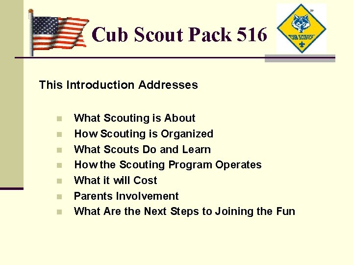 Cub Scout Pack 516 This Introduction Addresses n n n n What Scouting is