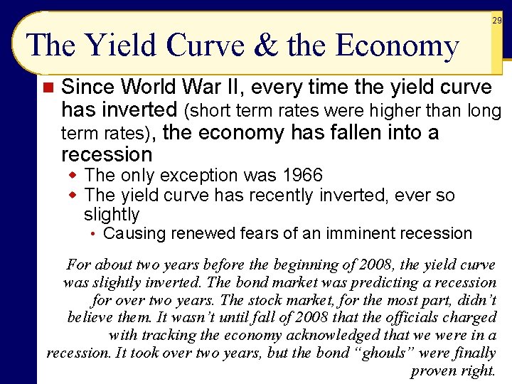 29 The Yield Curve & the Economy n Since World War II, every time