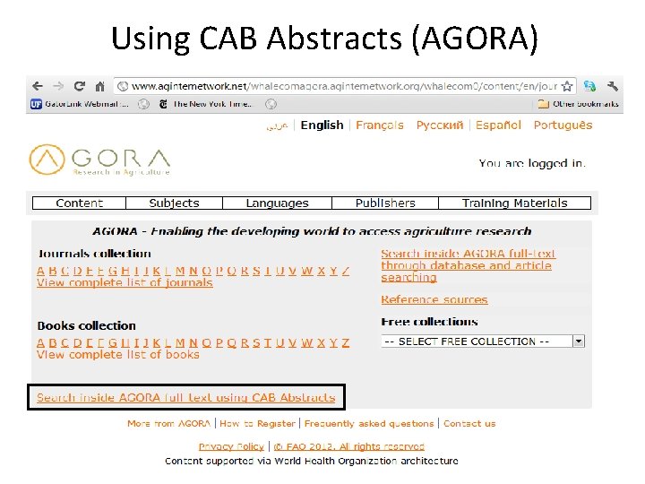 Using CAB Abstracts (AGORA) Using CAB Abstracts (AGORA)