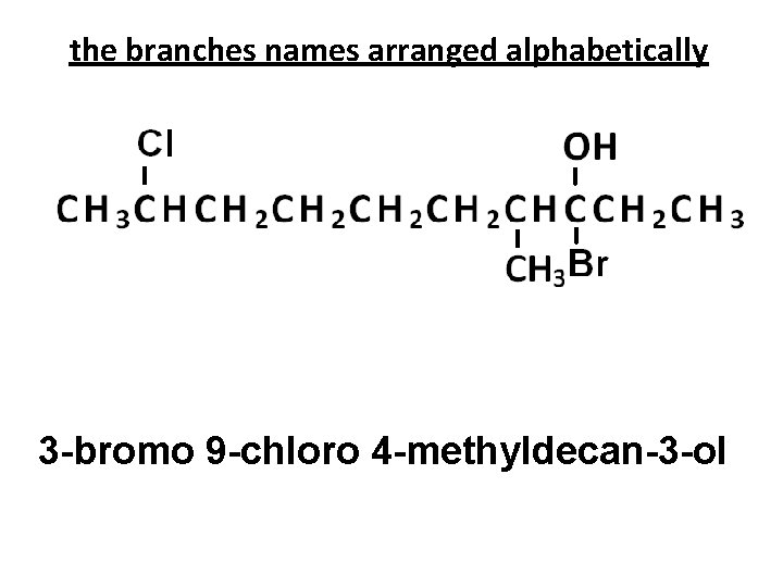 the branches names arranged alphabetically 3 -bromo 9 -chloro 4 -methyldecan-3 -ol 