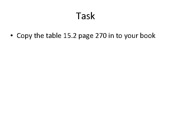 Task • Copy the table 15. 2 page 270 in to your book 