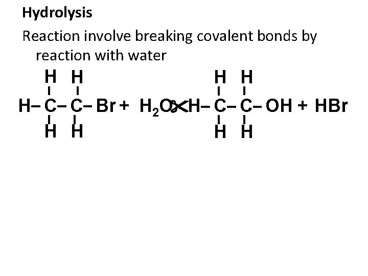 Hydrolysis Reaction involve breaking covalent bonds by reaction with water H H H C
