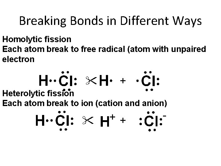 Breaking Bonds in Different Ways Homolytic fission Each atom break to free radical (atom