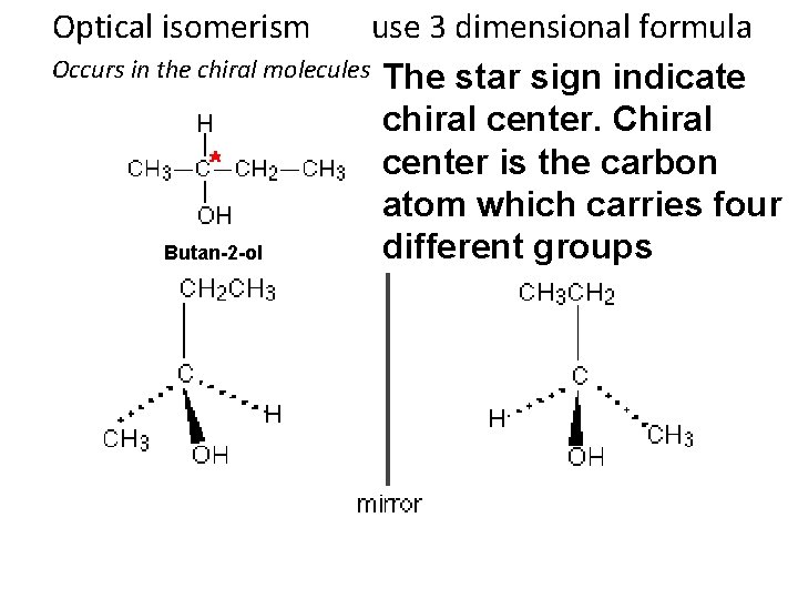 Optical isomerism use 3 dimensional formula Occurs in the chiral molecules The star sign