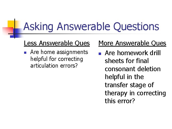 Asking Answerable Questions Less Answerable Ques n Are home assignments helpful for correcting articulation