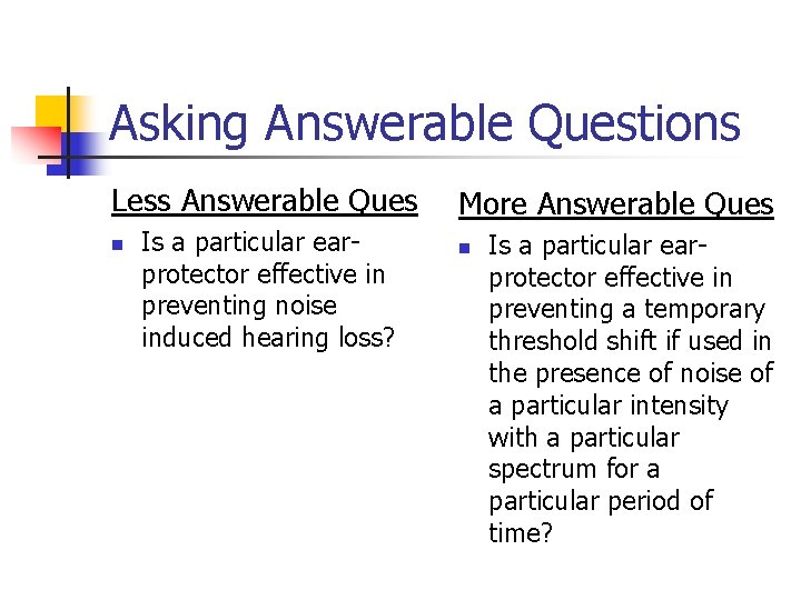 Asking Answerable Questions Less Answerable Ques n Is a particular earprotector effective in preventing