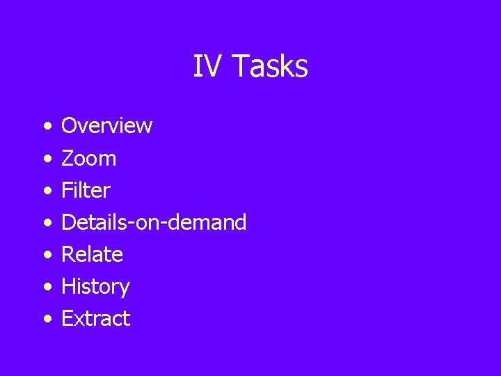 IV Tasks • • Overview Zoom Filter Details-on-demand Relate History Extract IV Tasks • • Overview Zoom Filter Details-on-demand Relate History Extract