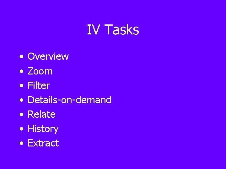 IV Tasks • • Overview Zoom Filter Details-on-demand Relate History Extract 