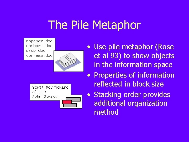 The Pile Metaphor • Use pile metaphor (Rose et al 93) to show objects
