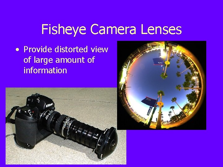 Fisheye Camera Lenses • Provide distorted view of large amount of information 