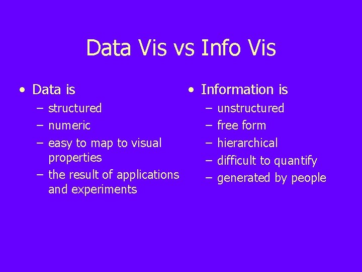 Data Vis vs Info Vis • Data is – structured – numeric – easy