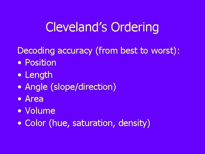 Cleveland’s Ordering Decoding accuracy (from best to worst): • Position • Length • Angle