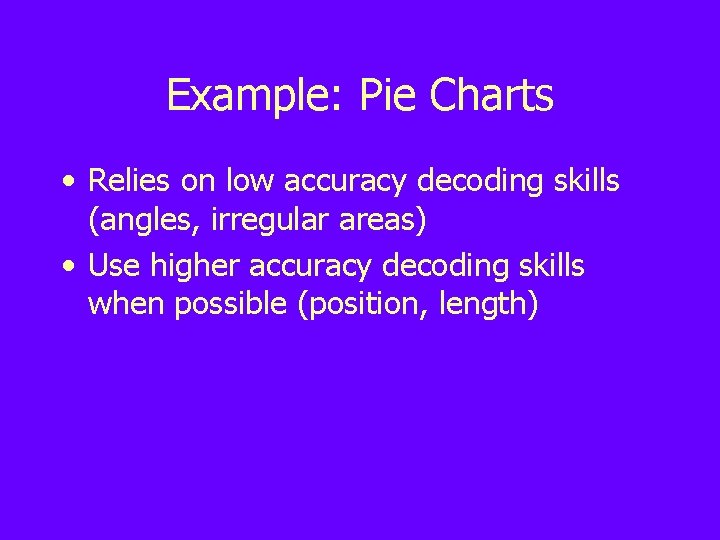 Example: Pie Charts • Relies on low accuracy decoding skills (angles, irregular areas) •