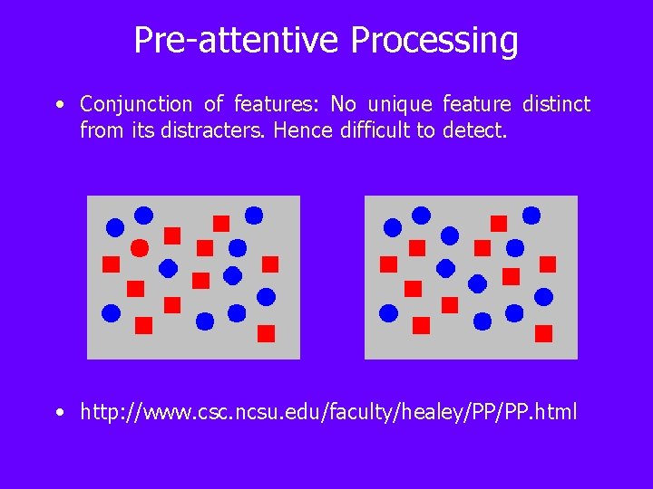 Pre-attentive Processing • Conjunction of features: No unique feature distinct from its distracters. Hence
