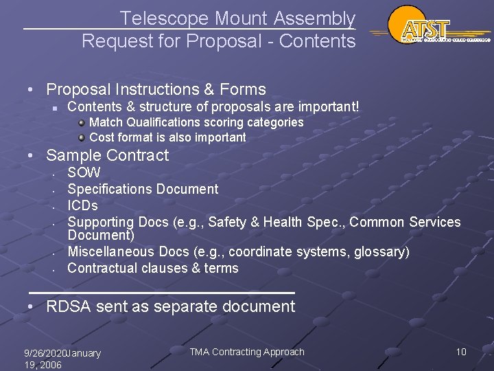 Telescope Mount Assembly Request for Proposal - Contents • Proposal Instructions & Forms n