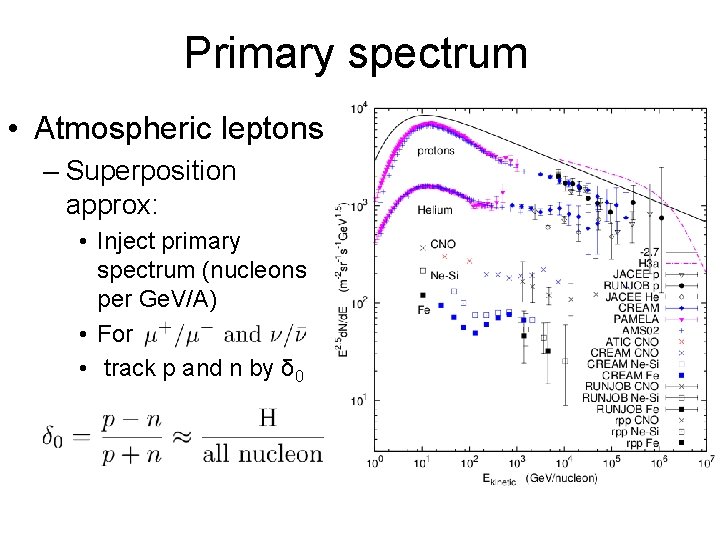 Primary spectrum • Atmospheric leptons – Superposition approx: • Inject primary spectrum (nucleons per