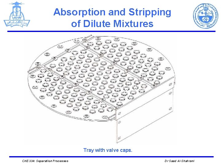 Absorption and Stripping of Dilute Mixtures Tray with valve caps. Ch. E 334: Separation