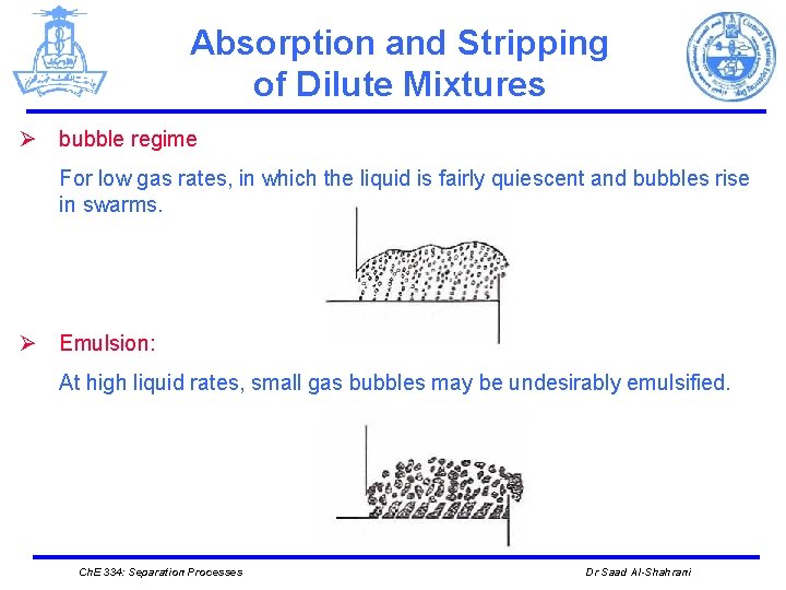 Absorption and Stripping of Dilute Mixtures Ø bubble regime For low gas rates, in