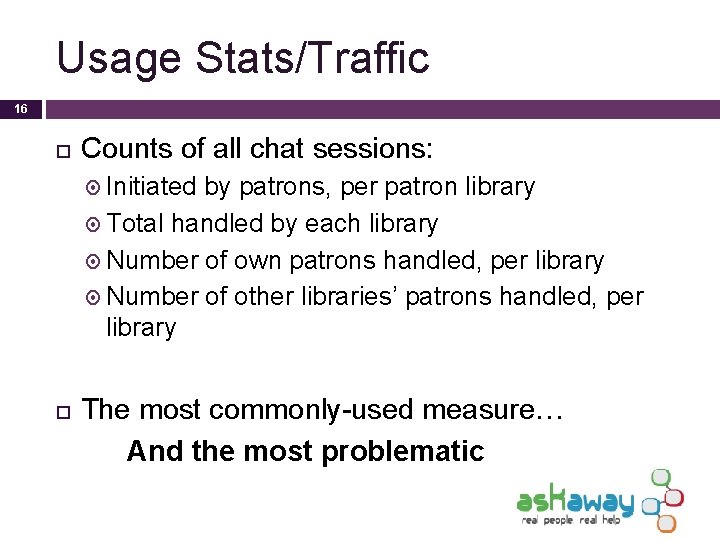 Usage Stats/Traffic 16 Counts of all chat sessions: Initiated by patrons, per patron library