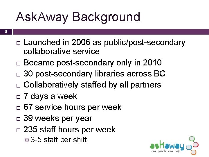 Ask. Away Background 8 Launched in 2006 as public/post-secondary collaborative service Became post-secondary only