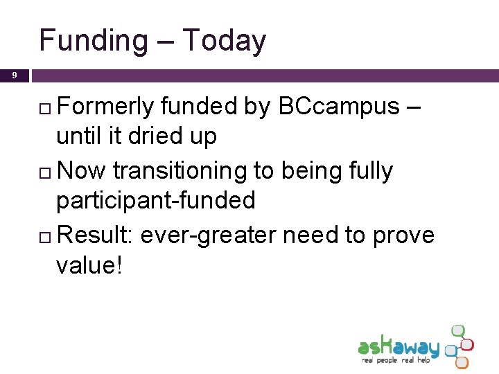 Funding – Today 9 Formerly funded by BCcampus – until it dried up Now