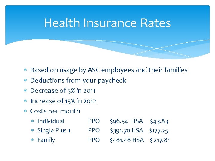 Health Insurance Rates Based on usage by ASC employees and their families Deductions from