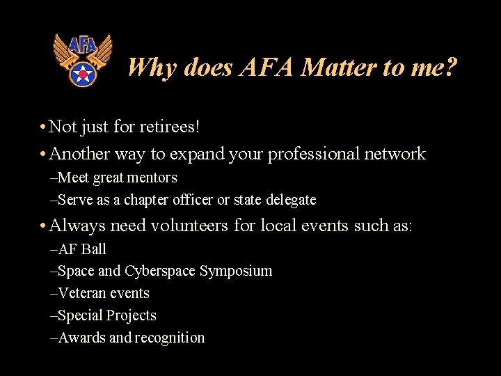 Why does AFA Matter to me? • Not just for retirees! • Another way Why does AFA Matter to me? • Not just for retirees! • Another way