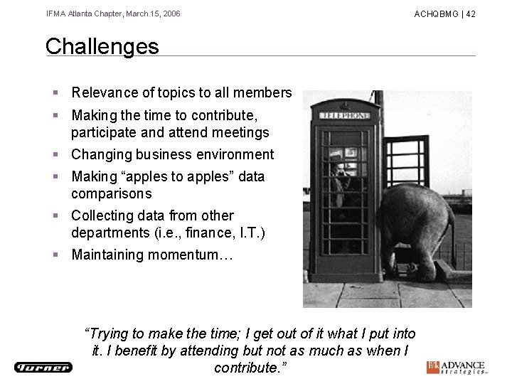 IFMA Atlanta Chapter, March 15, 2006 ACHQBMG | 42 Challenges § Relevance of topics IFMA Atlanta Chapter, March 15, 2006 ACHQBMG | 42 Challenges § Relevance of topics