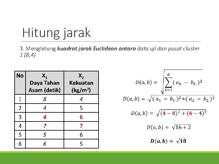 Hitung jarak 3. Menghitung kuadrat jarak Euclidean antara data uji dan pusat cluster 1