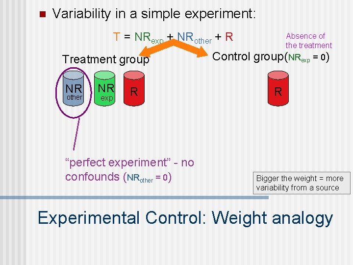 n Variability in a simple experiment: T = NRexp + NRother + R Treatment