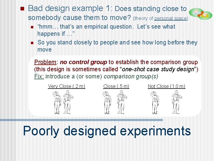 n Bad design example 1: Does standing close to somebody cause them to move?