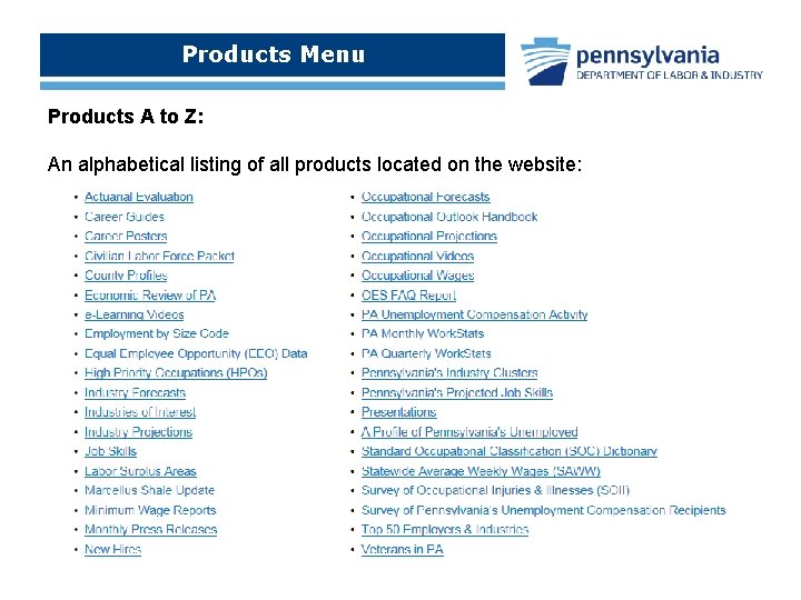 Products Menu Products A to Z: An alphabetical listing of all products located on