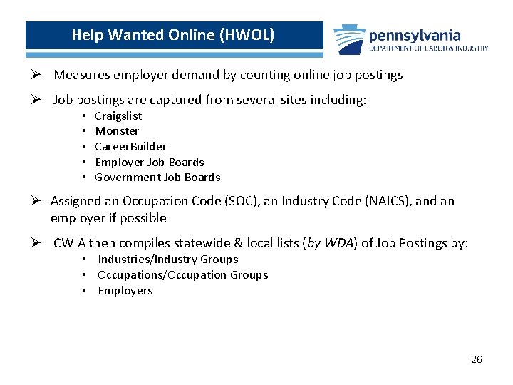 Help Wanted Online (HWOL) Ø Measures employer demand by counting online job postings Ø