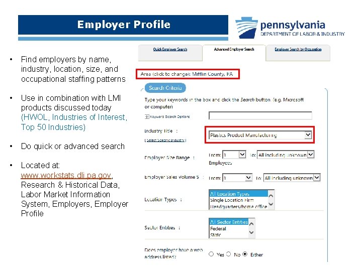Employer Profile • Find employers by name, industry, location, size, and occupational staffing patterns