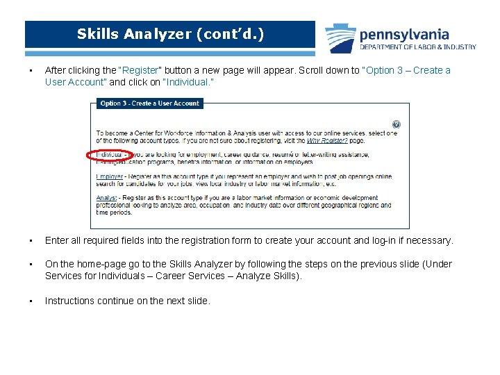 Skills Analyzer (cont’d. ) • After clicking the “Register” button a new page will