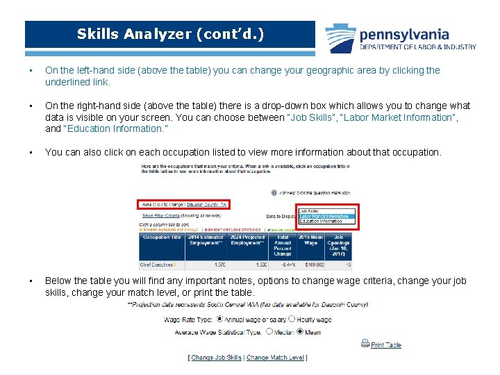 Skills Analyzer (cont’d. ) • On the left-hand side (above the table) you can