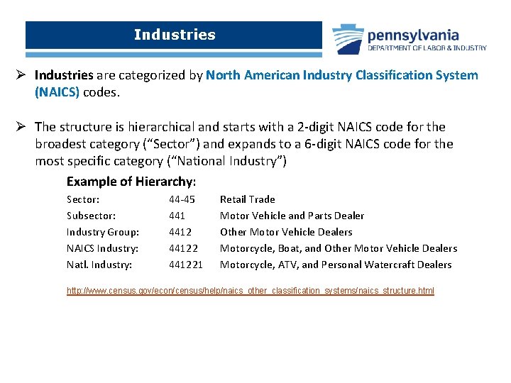 Industries Ø Industries are categorized by North American Industry Classification System (NAICS) codes. Ø