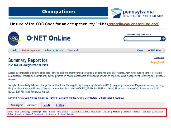 Occupations Unsure of the SOC Code for an occupation, try O*Net (https: //www. onetonline.