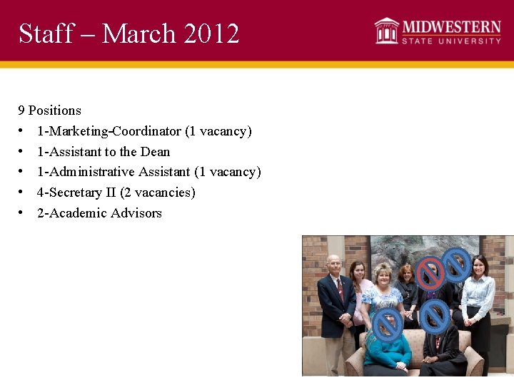 Staff – March 2012 9 Positions • 1 -Marketing Coordinator (1 vacancy) • 1