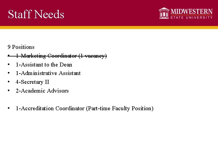 Staff Needs 9 Positions • 1 -Marketing Coordinator (1 vacancy) • 1 -Assistant to