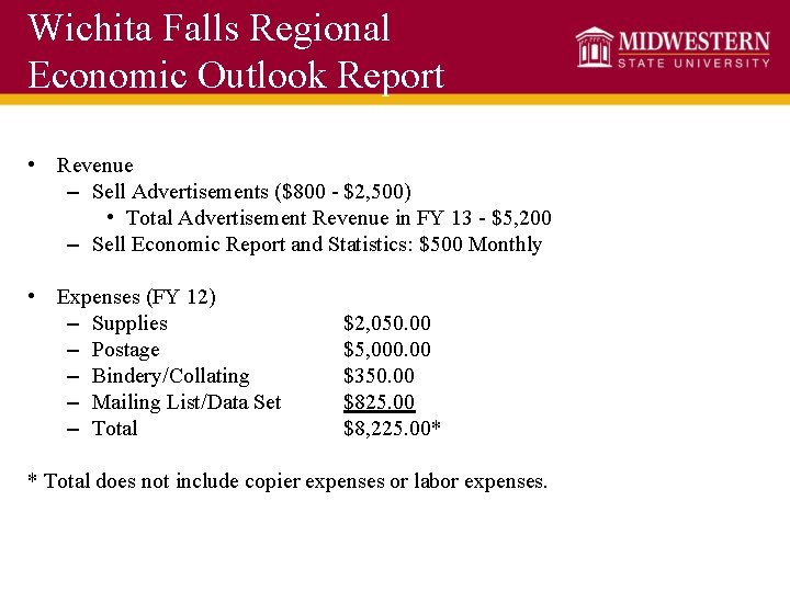 Wichita Falls Regional Economic Outlook Report • Revenue – Sell Advertisements ($800 - $2,