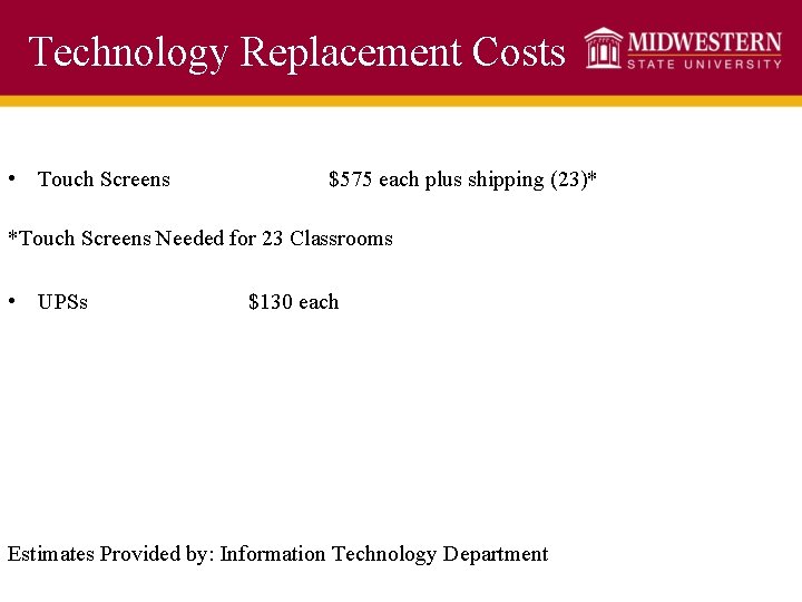 Technology Replacement Costs • Touch Screens $575 each plus shipping (23)* *Touch Screens Needed