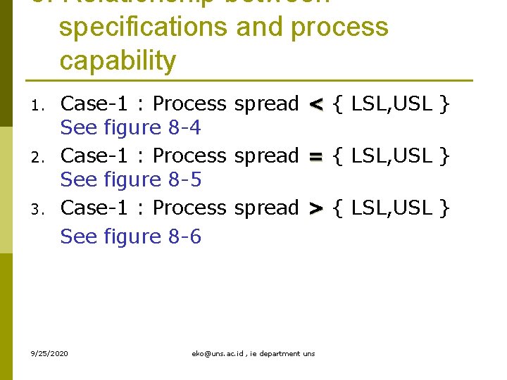 5. Relationship between specifications and process capability 1. 2. 3. Case-1 : Process spread 5. Relationship between specifications and process capability 1. 2. 3. Case-1 : Process spread