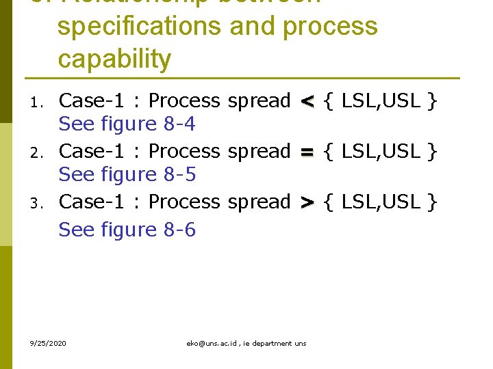 5. Relationship between specifications and process capability 1. 2. 3. Case-1 : Process spread